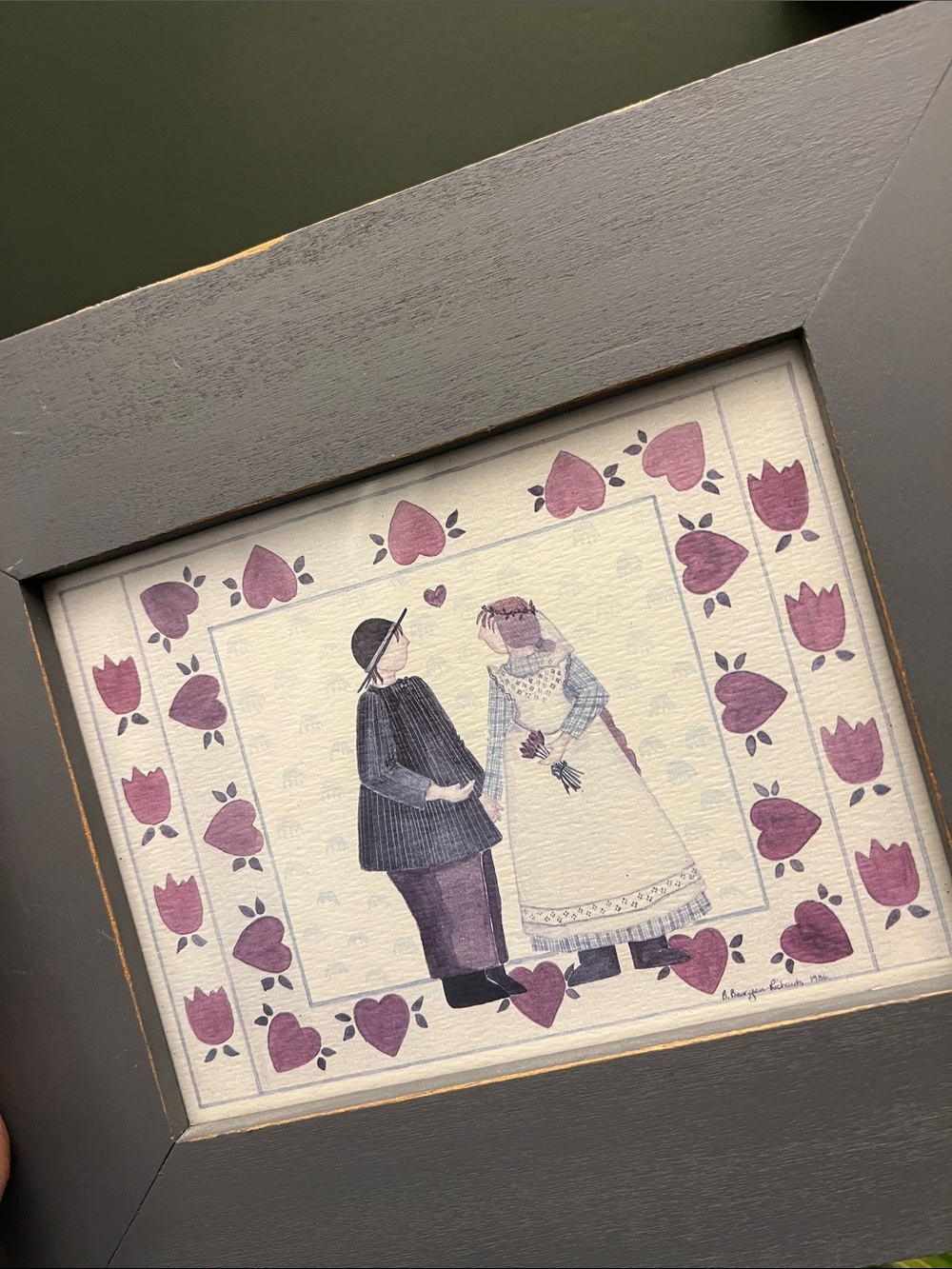 Vintage 1988 w Note Gray Wooden Picture Frame with Purple Folk Art Print - Picture 4 of 4